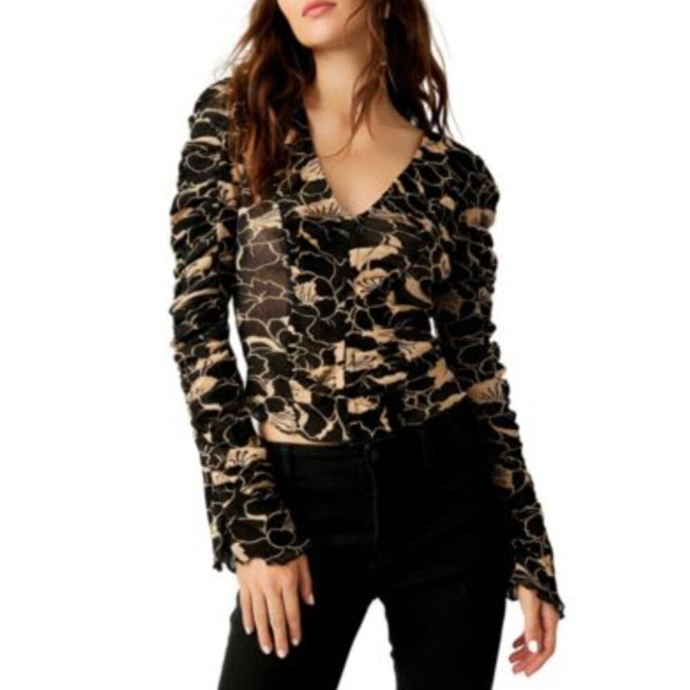 Free People Through The Meadow Black Floral Ruched Long Sleeve Mesh Knit Top XS